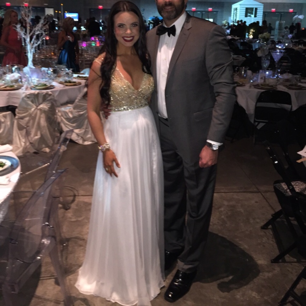 Mac Duggal gold beaded crystal/white chiffon gown